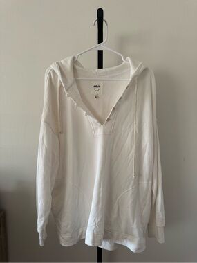 aerie Cream Hooded Pullover with V‑Neck Snap Detail